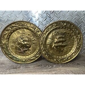 2 Vintage Brass Wall Plates Hanging Nautical Brigantine Galleon Ship England 12"